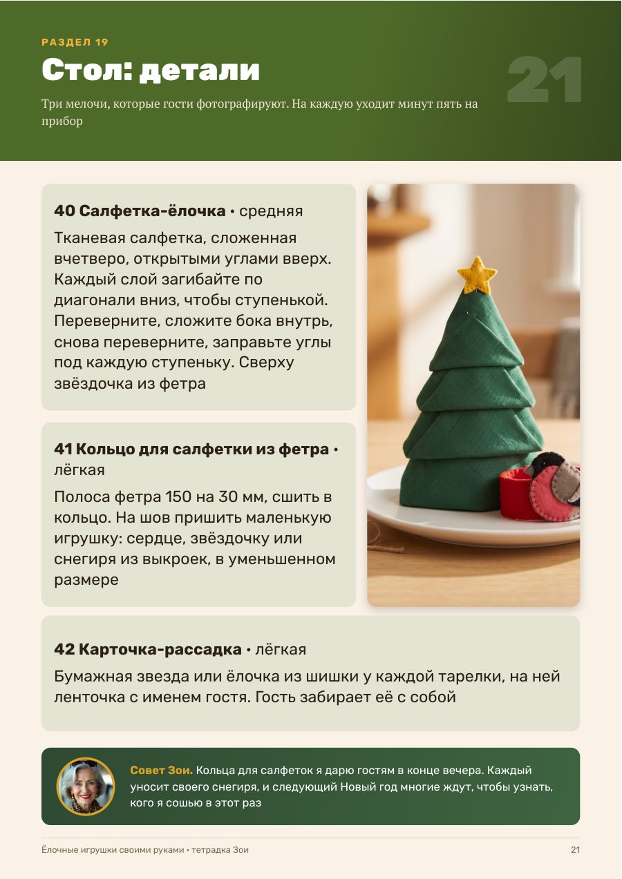 Страница тетрадки: салфетка-ёлочка, кольцо из фетра и карточка-рассадка