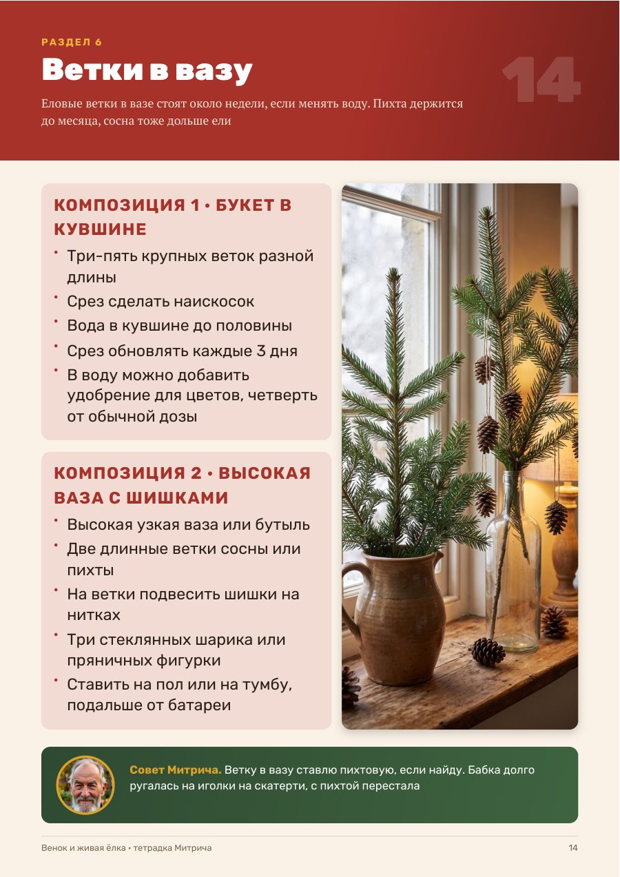 Страница тетрадки: букет из еловых веток в кувшине и ваза с шишками