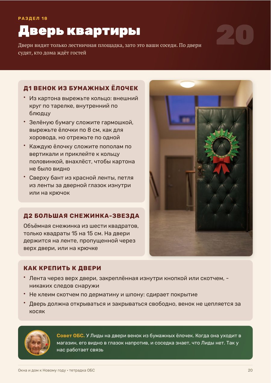 Страница тетрадки: венок из бумажных ёлочек и снежинка-звезда на дверь