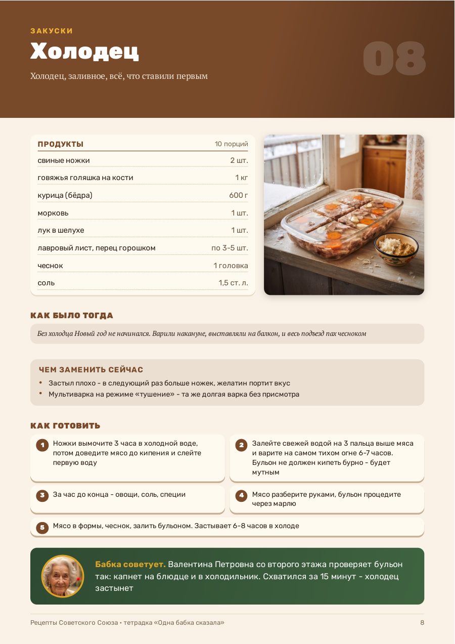 Страница тетрадки: холодец, продукты и шаги